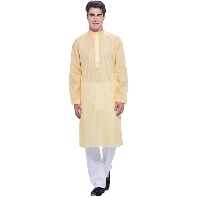 Manyavar Men's Blended Kurta & Pyjama Set, Yellow - Large/40 (M302153-324)