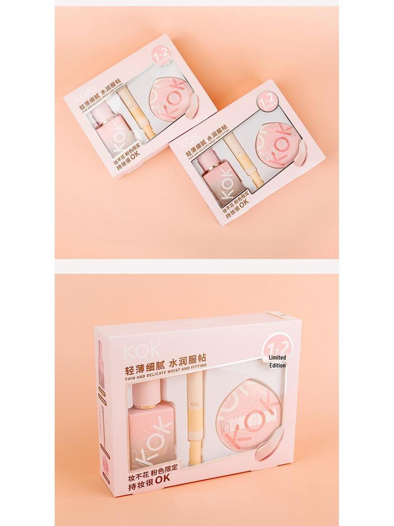 Zestaw baz pod makijaż KOK Radiant Long-Wear: Podkład, Korektor, Bronzer & Gąbeczka - Zestaw 4 sztuk.