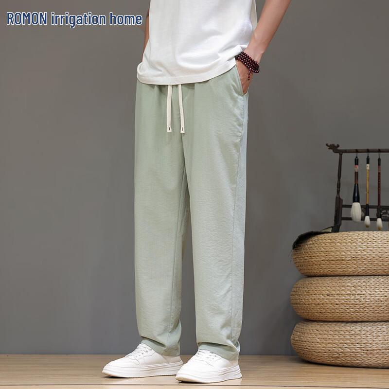 ROMON Men s Chinese Style Ice Silk Straight Cropped Casual Pants L