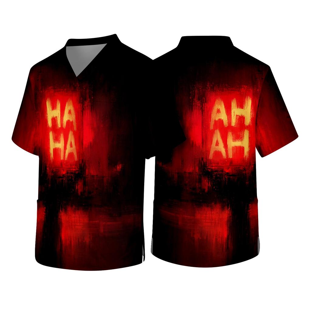 Men's Short Sleeve V Neck Halloween Print Medical Scrub Top with Chest Pocket Comfortable Fit Workwear for Healthcare Professionals