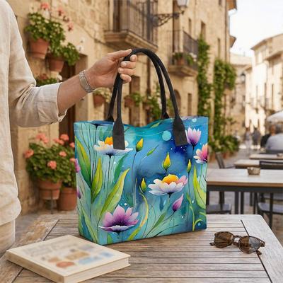  Watercolor Floral Tote Bag Casual Large Capacity Shoulder Handbag for Daily Use