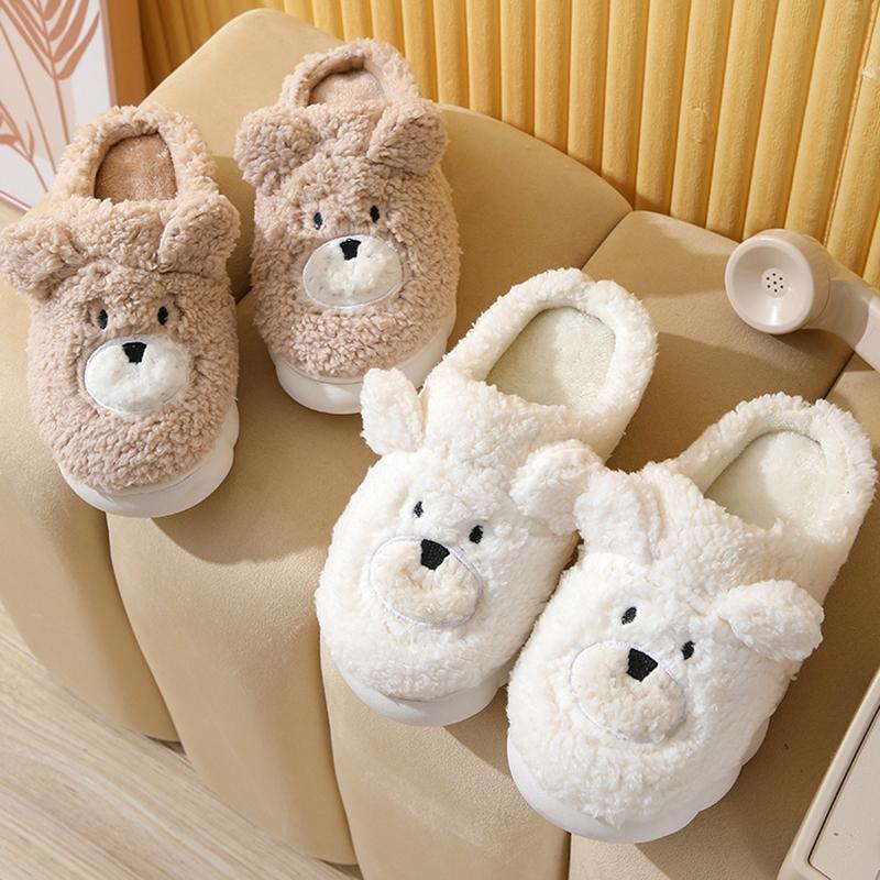 Pantoufles d'intérieur en peluche Ours mignon tendance pour femmes Hiver Douces Chaudes Chambre Chaussons en coton Femme Confortables Antidérapantes Intérieur Pelucheux