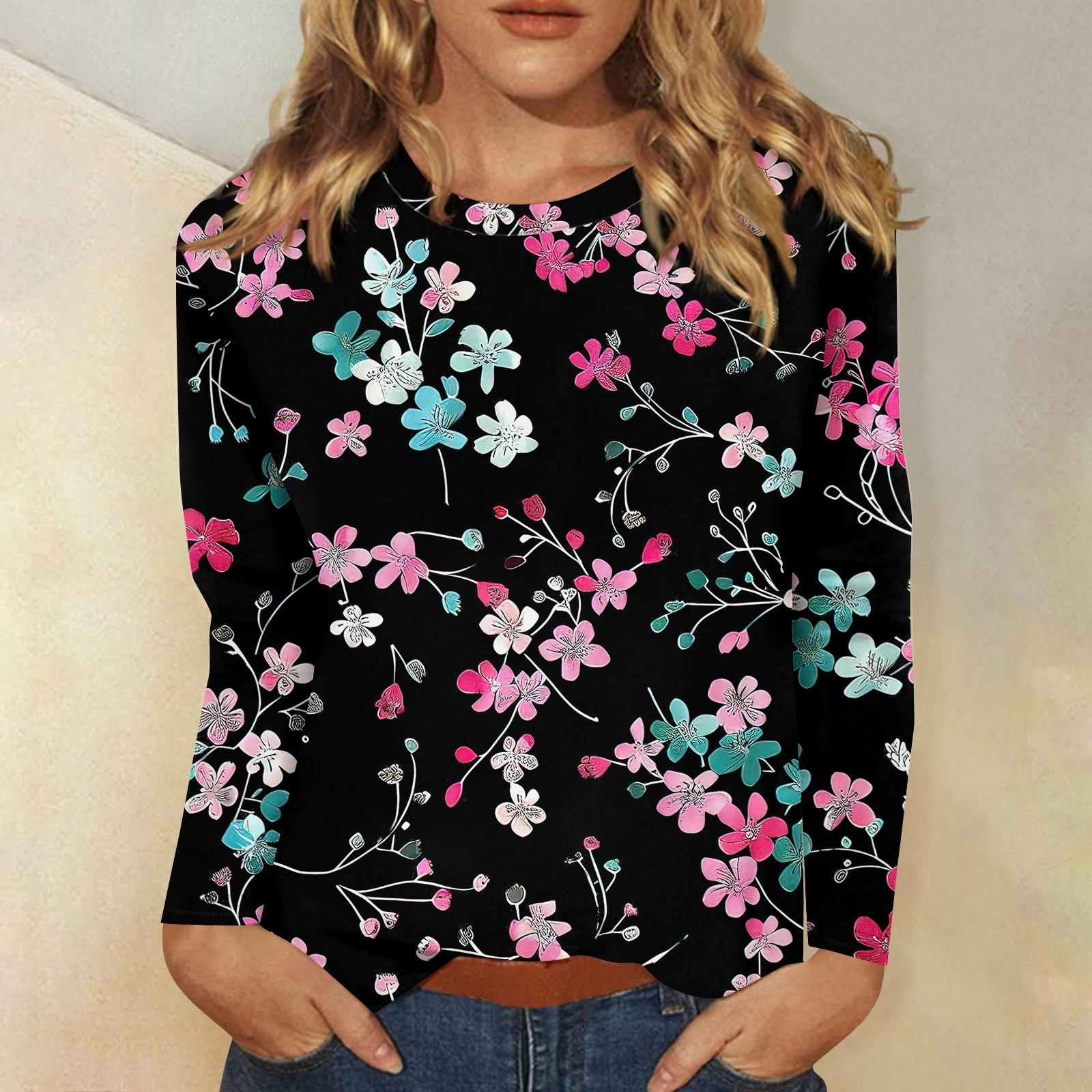 Женский модный повседневный пуловер с круглым вырезом и длинным рукавом с цветочным — фото 7