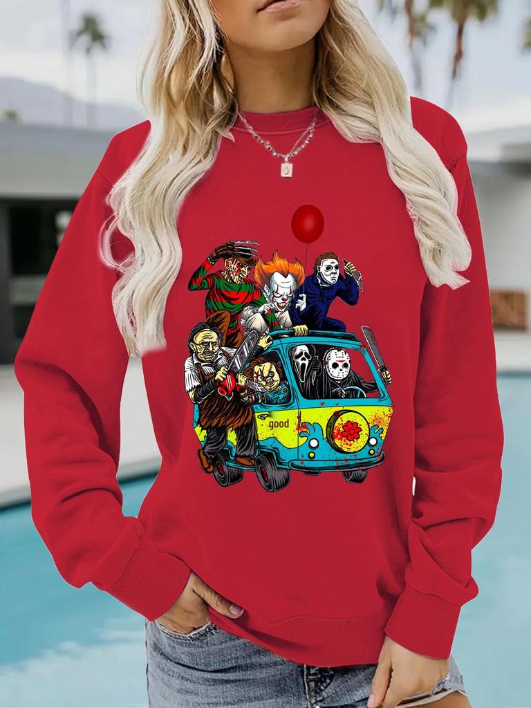 European & American Women's Halloween Crew Neck Pullover - Casual Fall/Winter Long Sleeve Sweatshirt