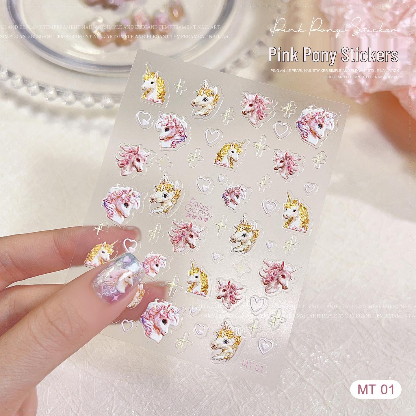 Pink Little Pony 3D Embossed New Year Nail Art Stickers