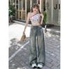 American Retro Blue Ripped Niche Design Wide Leg Denim Female High Waist Loose and Slimming Scratch Straight-Leg Pants Summer