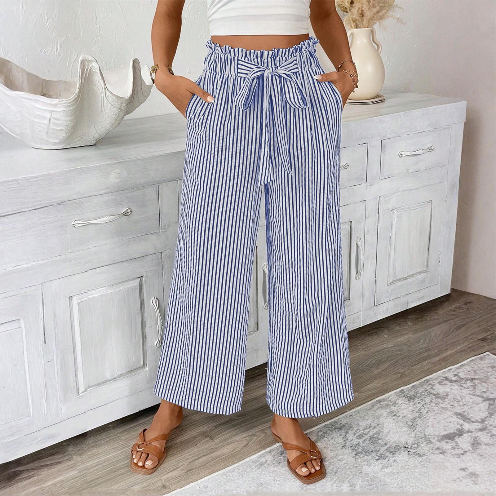 

Women s Fashionable Striped Strap Pocket Elastic Waist Straight Leg Casual Pants S синій