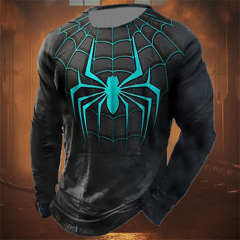 Men's casual long sleeved O-neck T-shirt with spider print