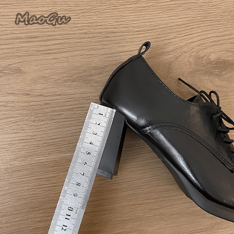 Fashion Soft Leather Retro Lace Up Single Shoes for Women 2025 Spring Autumn Square Toe Pumps French Thick High Heels for Women Footwear