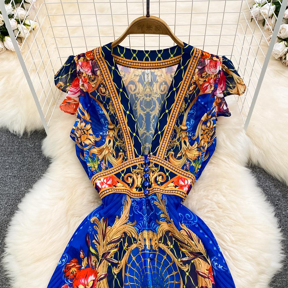 Fashion Runway Print Summer Dresses For Women Deep V Neck Flying Sleeve Single Breasted Split Long Pleated Chiffon Dresses