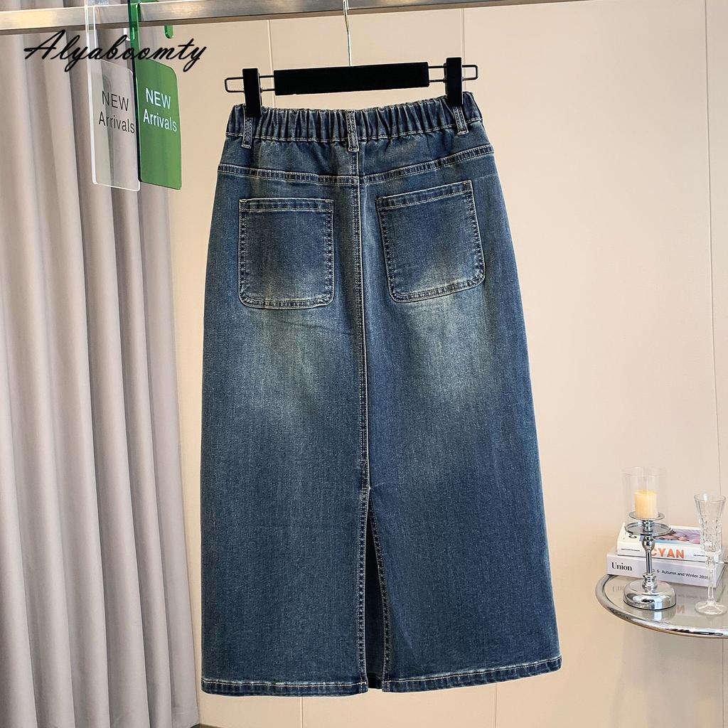 Korean Fashion Autumn Spring Women Plus Size Midi Denim Skirt Elastic Waist Washed Cotton Stretchy Split Skirt Vintage Feminine A-Line Skirt