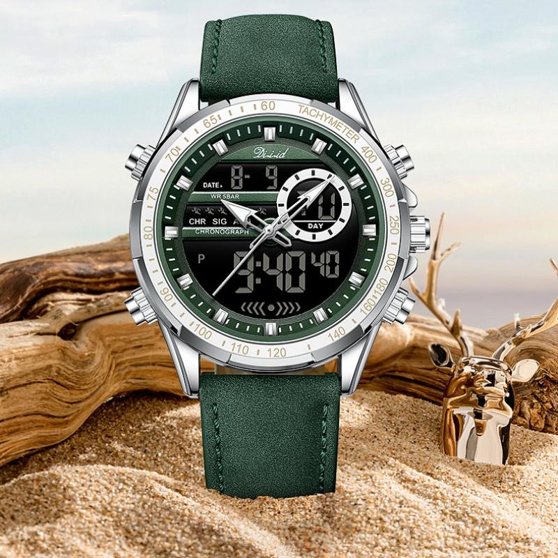 Los últimos relojes deportivos de moda, manecillas multifuncionales, resistente al agua, correa de cuero luminosa, doble pantalla, relojes de negocios de lujo para hombres