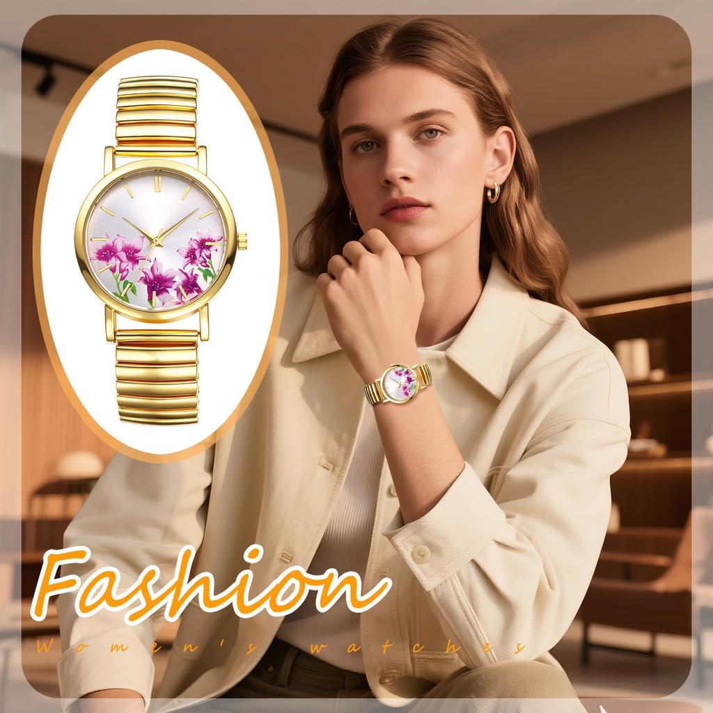 Floral Pastoral Design Analog Quartz Watch with Adjustable Elastic Stainless Large and Stylish Perfect for or As a Gift for Her Women's Watch