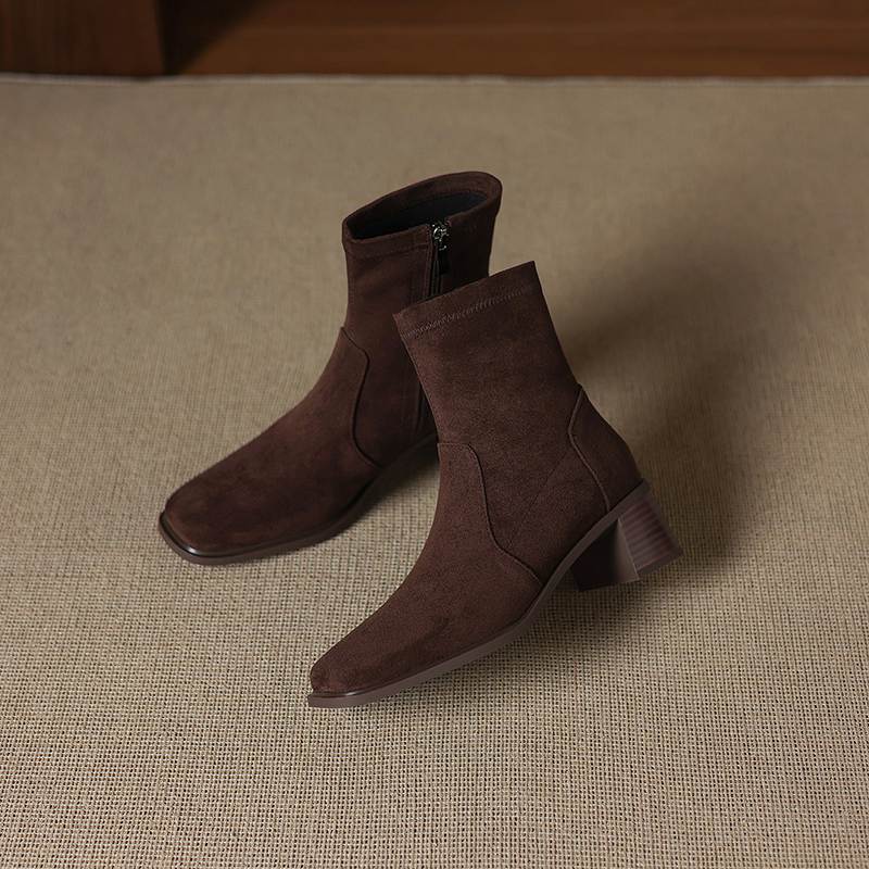 Krazing Pot Flock Round Toe Thick Heels Chelsea Boots Size 42 Zip Women Concise Style Elastic Ankle Boots