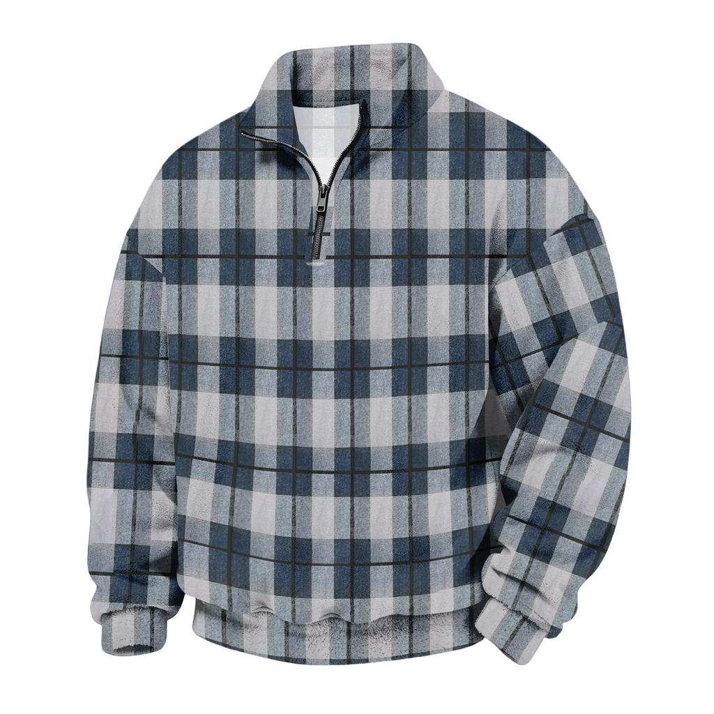 Men's Plaid Quarter-Zip Long Sleeve Flannel Sweatshirt Casual