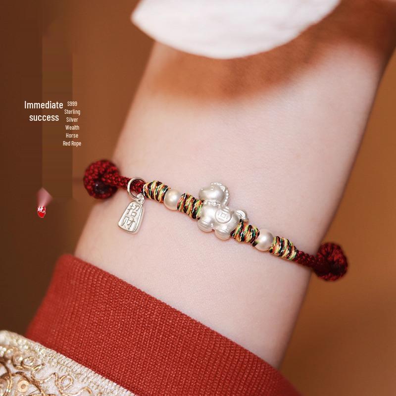 Sterlingsilber 999 Tierkreis Pferd Rotes Seil Armband - 2026 Geburtsjahr Sonderedition