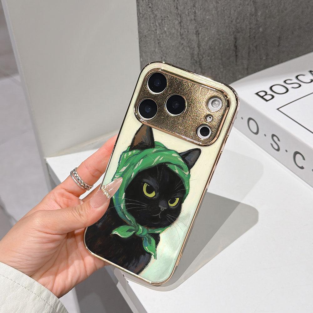 

Lucky Start Phone Case For iPhone 17 16 15 14 13 12 Pro Max 16E Gold Electroplated glass shell Chic Black Cat Green Headscarf Cover IPHONE17PROMAX