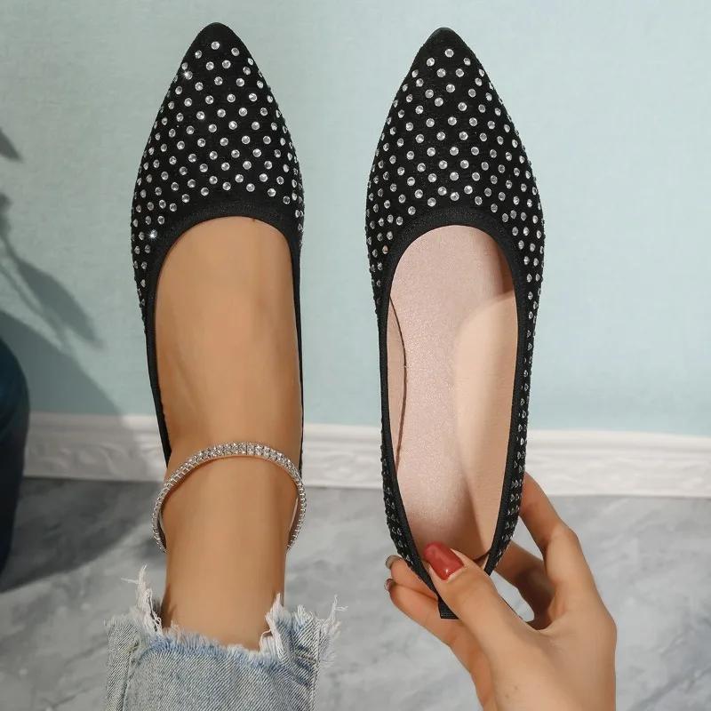 Women's Flat Shoes Autumn New Pointed Head Shallow Mouth Rhinestone Soft Sole Anti-slip Wear-resistant Single Shoes