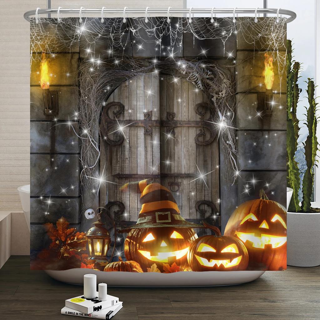 Halloween Duschvorhang Horror Mondnacht Kürbis Schädel Skelett Gruseliges Schloss Hexe Geist Friedhof Wasserdicht Badezimmervorhänge