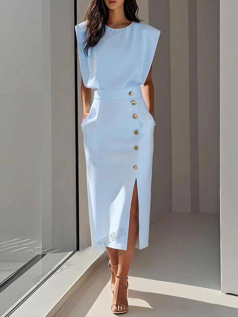 Fashion Girly Solid Color Crew Neck Ruched Hem Metal Button Summer Dress for Women