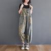 Salopetă de damă lejeră din denim, casual, mărime plus, cu buzunar, imprimeu floral, pantaloni cu bretele