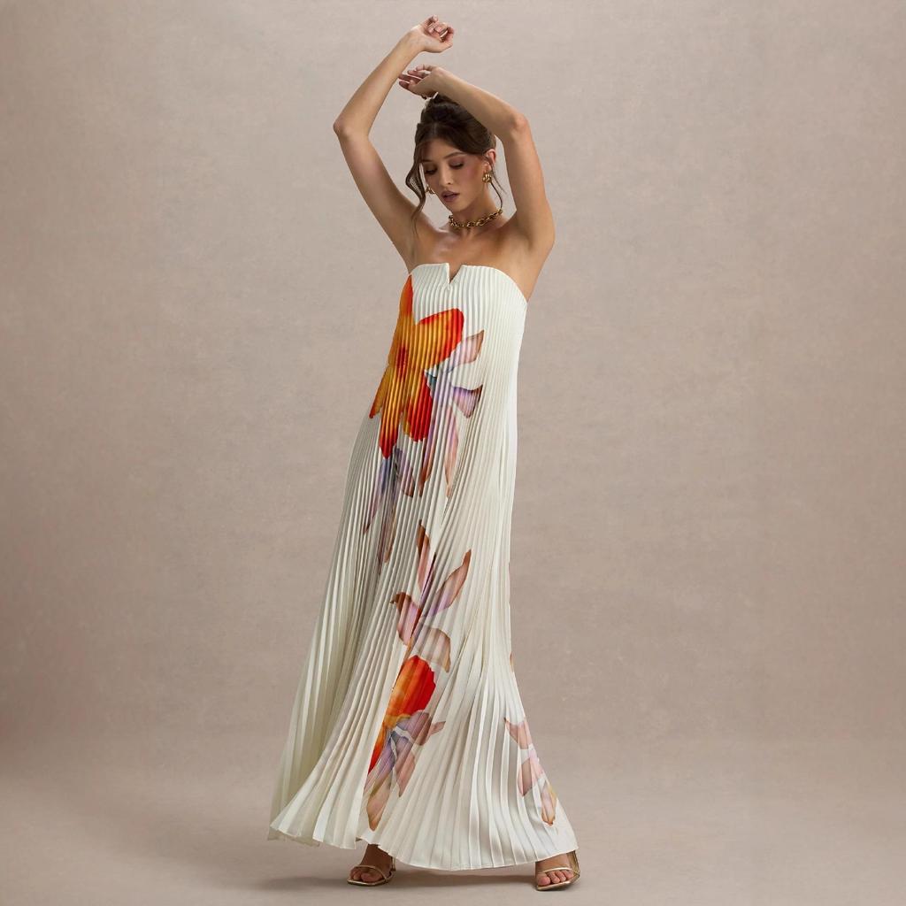 2026 Strapless Pleated Long Dress - Women's European & American Style