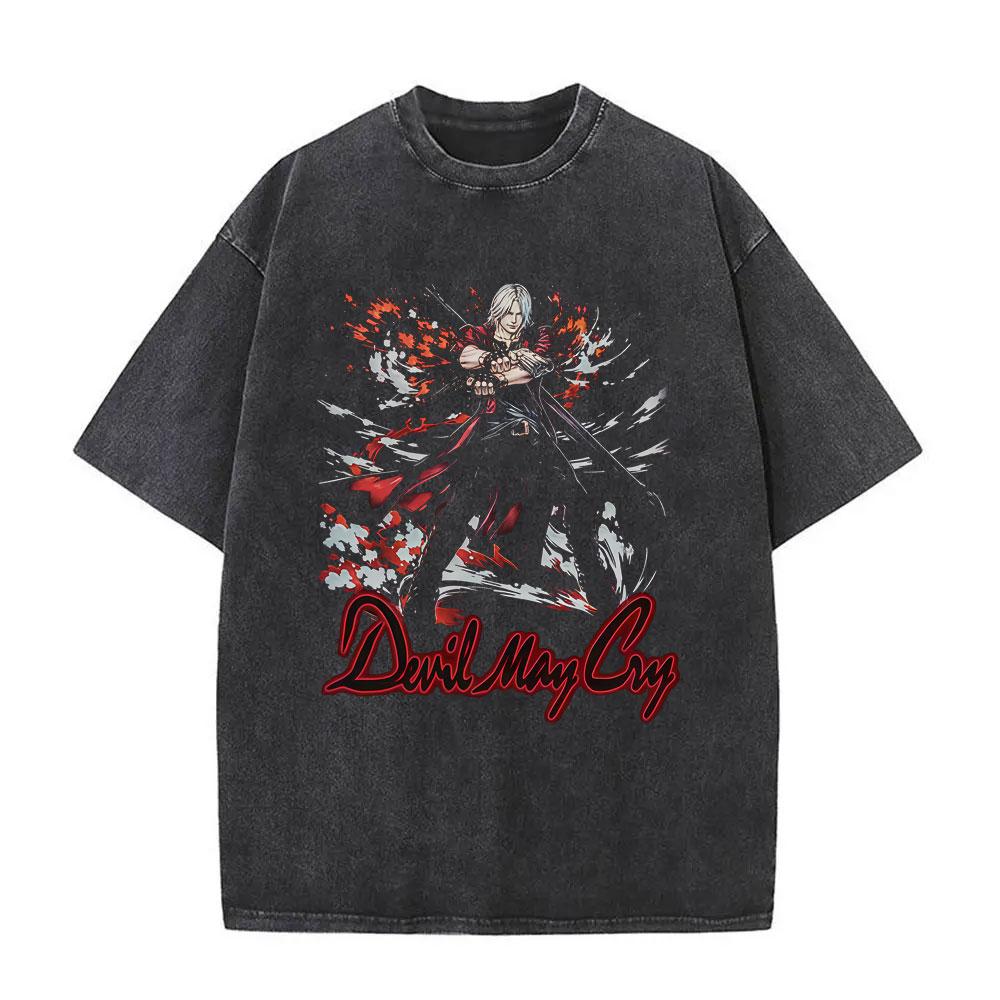 Game Devil May Cry Dante Retro Washed T Shirt Men Women Vintage Gothic Oversized Tshirt Mens Casual Cotton Tshirts Streetwear