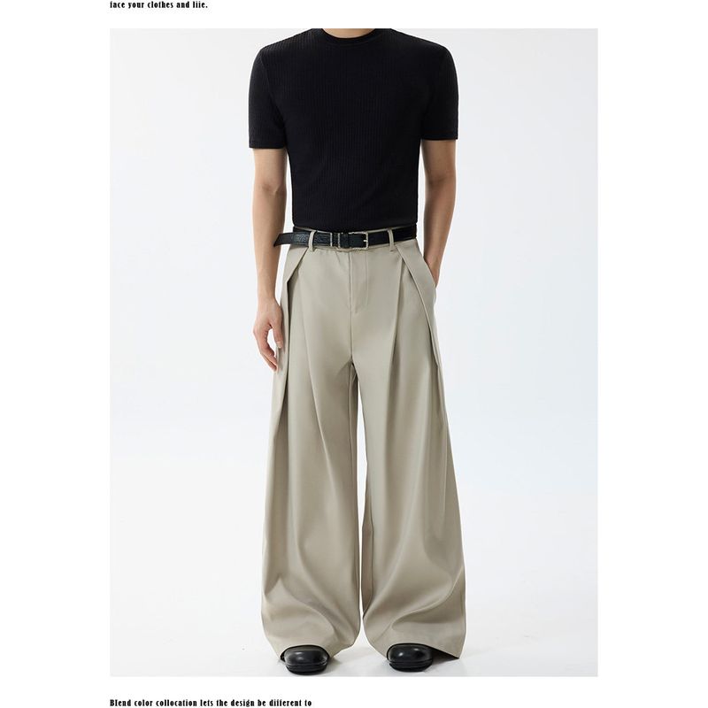 Blaexit Retro Vintage Style Cleanfit Gray A-Line Dress Pants Men's Pleated Casual Loose Wide-Leg Scimitar Pants