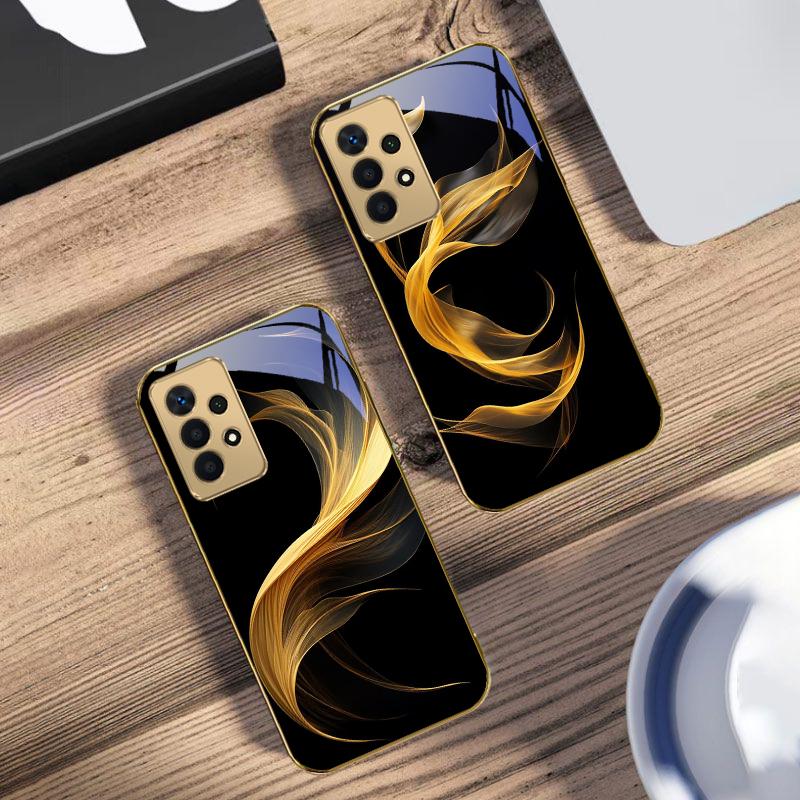 Floating Golden Ribbon For Samsung A 01 52S A04 A05S A10 A12 13 22 23 24 36 42 M02 Note 10 20Ultra 8 9 Golden Glass Phone Case