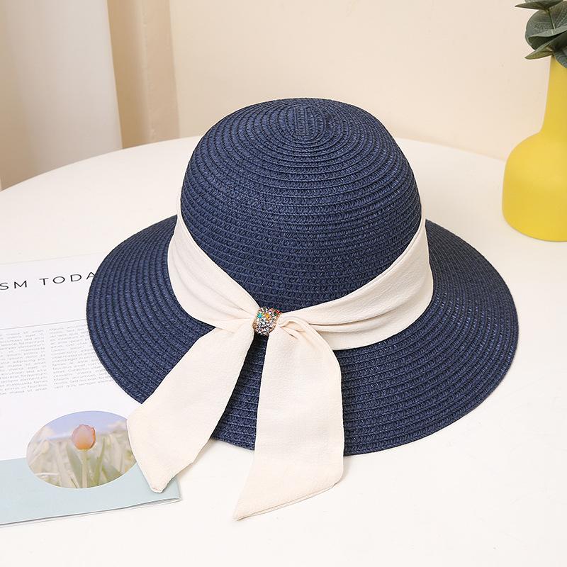 Women's Wide Brim Straw Sun Hat with Elegant Black Bowknot, Solid Color Beach Hat for Summer Travel, Classic Outdoor UV Protection