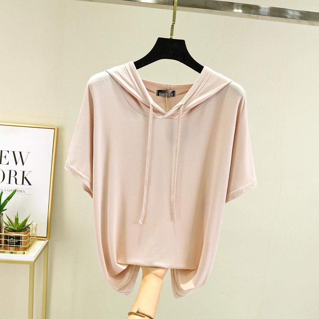 T-shirt à capuche manches courtes en modal pour femme Printemps/Été - Haut de base léger coupe ample