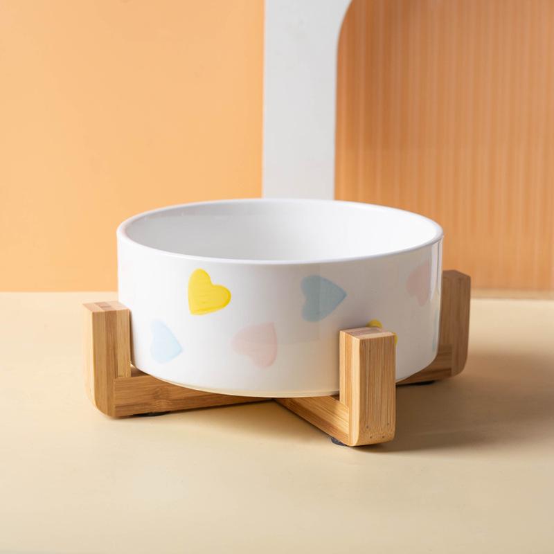 Non-Slip Ceramic Cat and Dog Bowl with Wooden Stand - Black, High-Footed Design for Cervical Spine Protection