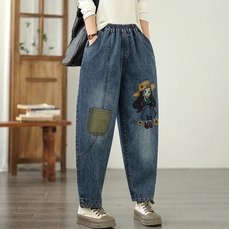 Plus Size Vintage Embroidery High Waist Casual Loose Women Spring Summer Autumn Jeans Denim Harem Pants