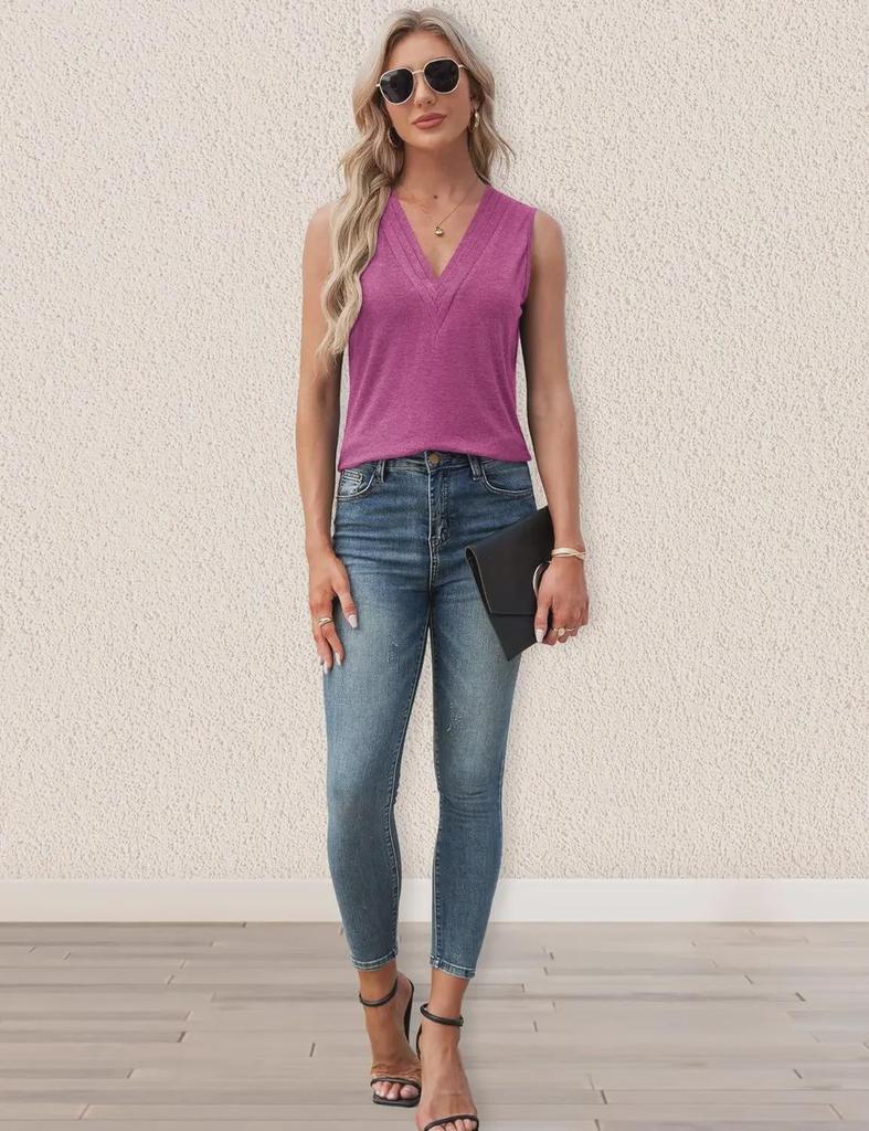 2024 Damen Einfarbig Ärmellos V-Ausschnitt T-Shirt - Europäischer & Amerikanischer Stil