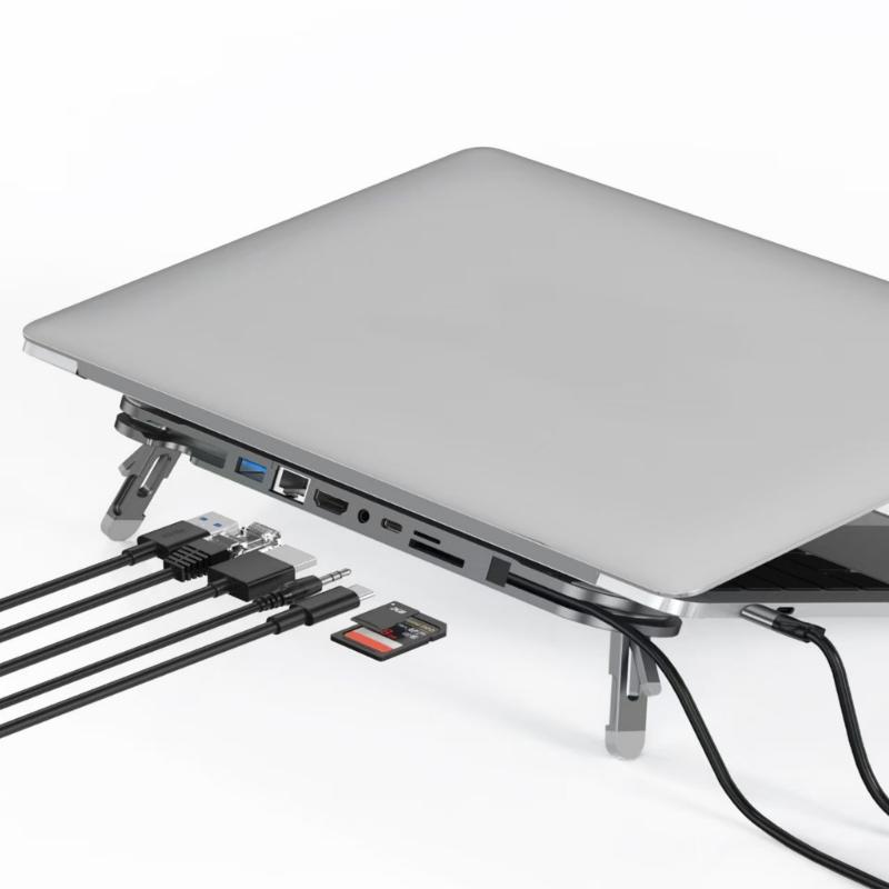 Foldable Aluminum USB C Stand Dock 7 Port Expansion Dock 4K60Hz 100W Charging Ethernet Card Reader For Laptops