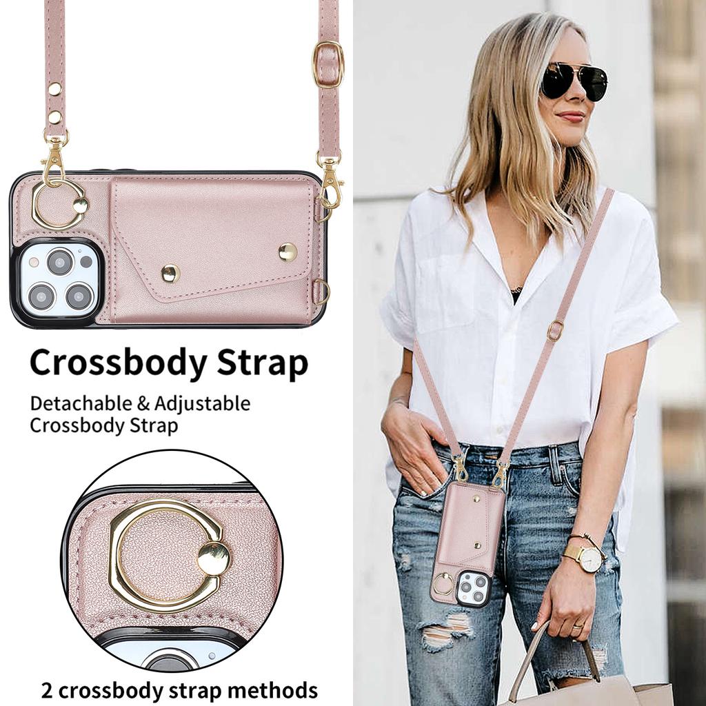 Zipper Crossbody Cards Solt Wallet Leather Case For iPhone 14 15 Pro Max 13 12 11 XR XS 7 8 Plus Ring Holder Strap Purse Cover