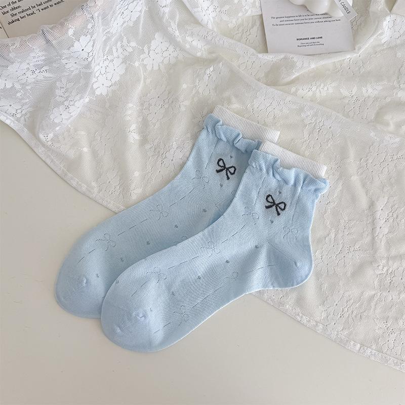 

Bows-knotted Socks - Spring and Summer Lightweight Mesh Short Socks with Sweet Bubble-shaped Openings and Colorful Lace Trim. 1 pair
