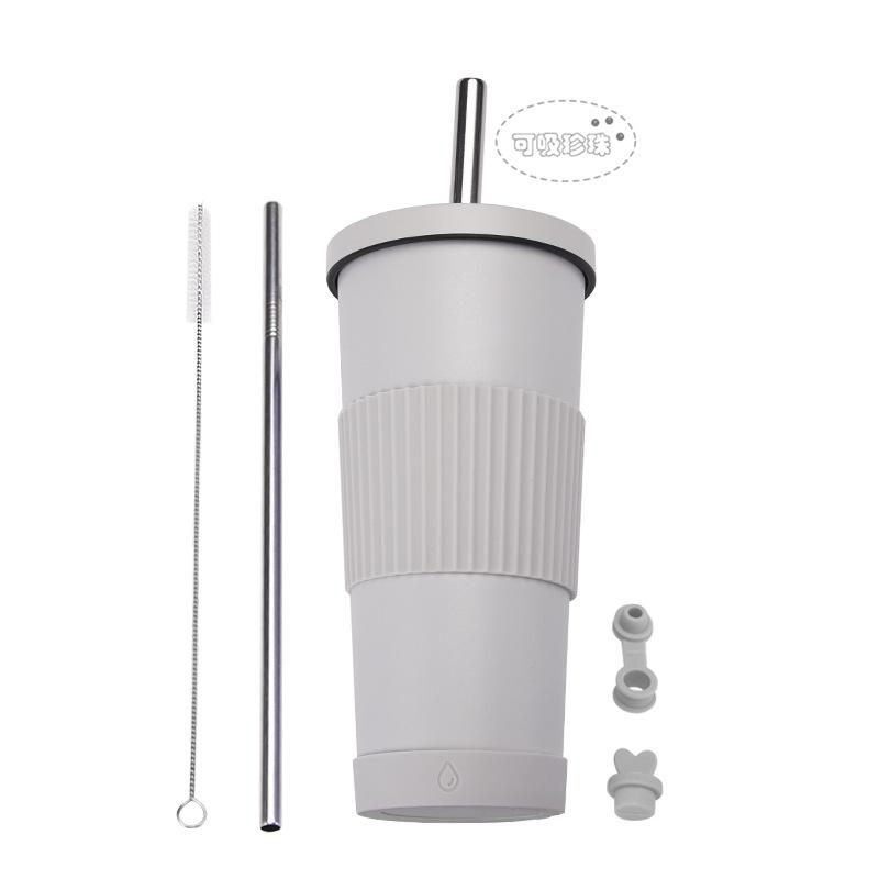 710Ml Bubble Tea Cup Non-Slip Double-Layer Stainless Steel Straw Cup Multi-Color Straw Thermal Insulation Water Cup