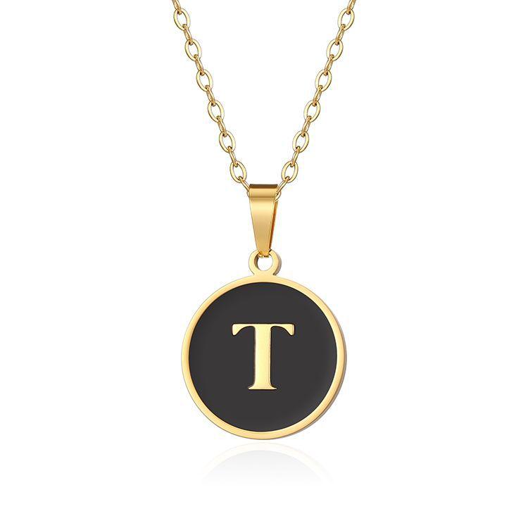 English letter oiled necklace, European and American trend titanium steel chain, round gold letter pendant collarbone chain