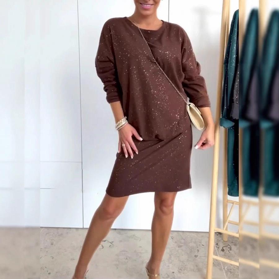 European And American Style Single Casual Commuter Round Neck Long Sleeve Short Gold Sprinkled Dress S коричневый