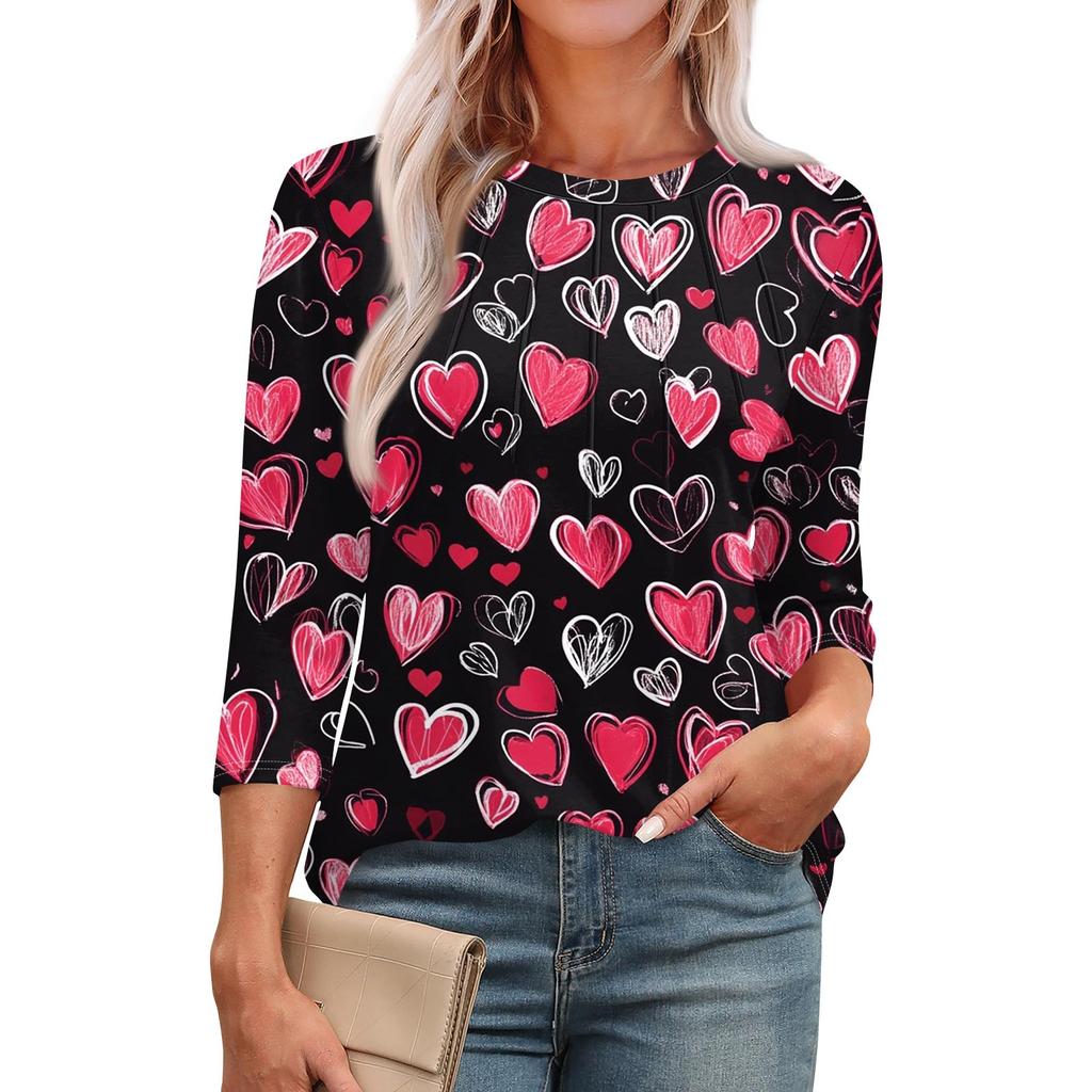 Damen Modisches Rundhals-T-Shirt mit 3/4-Ärmeln, bedruckt, lässig, Basic, Plissee-Pullover