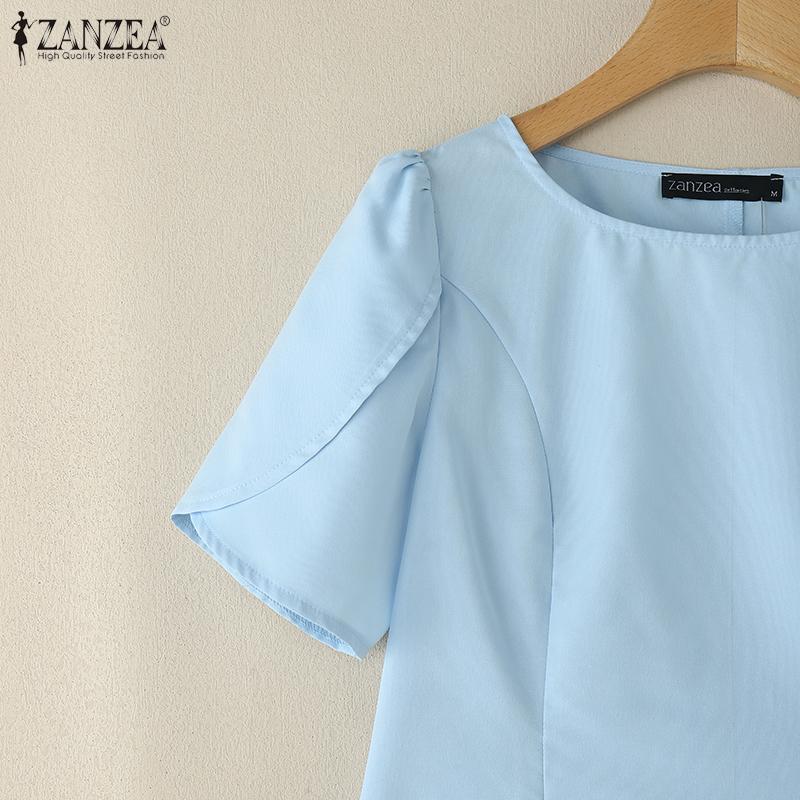 ZANZEA Women Summer Round Neck Solid Color Casual Short Sleeve Blouse