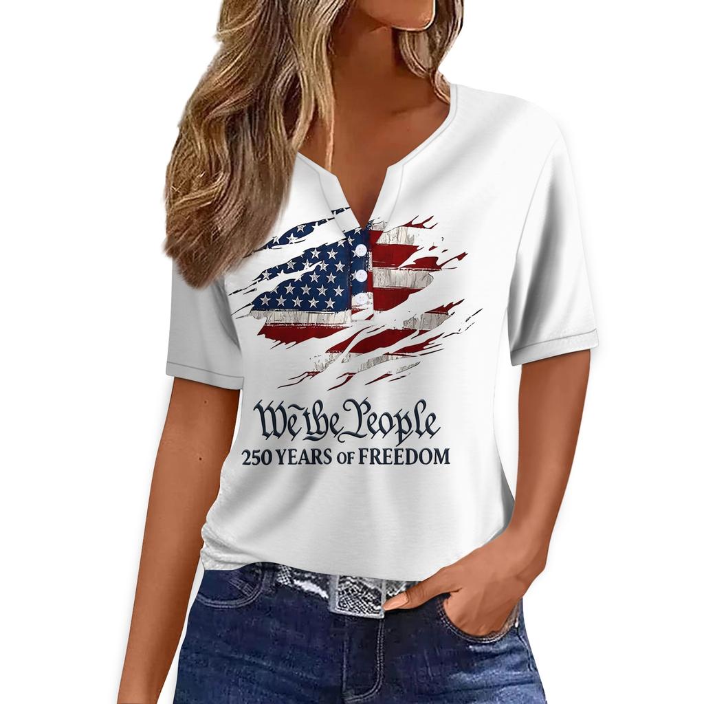 Women V Neck Short Sleeve T Shirt Casual Loose Fit Button Decoration Printed Top for Summer Daily Wear