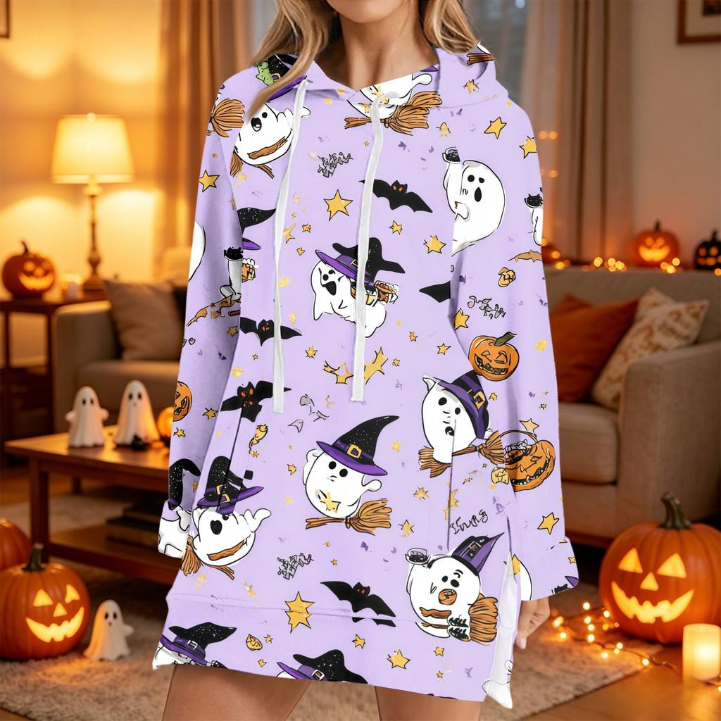 Women's Casual Long Sleeve Halloween Print Hoodie Pullover Top for Fall Festive Wear
