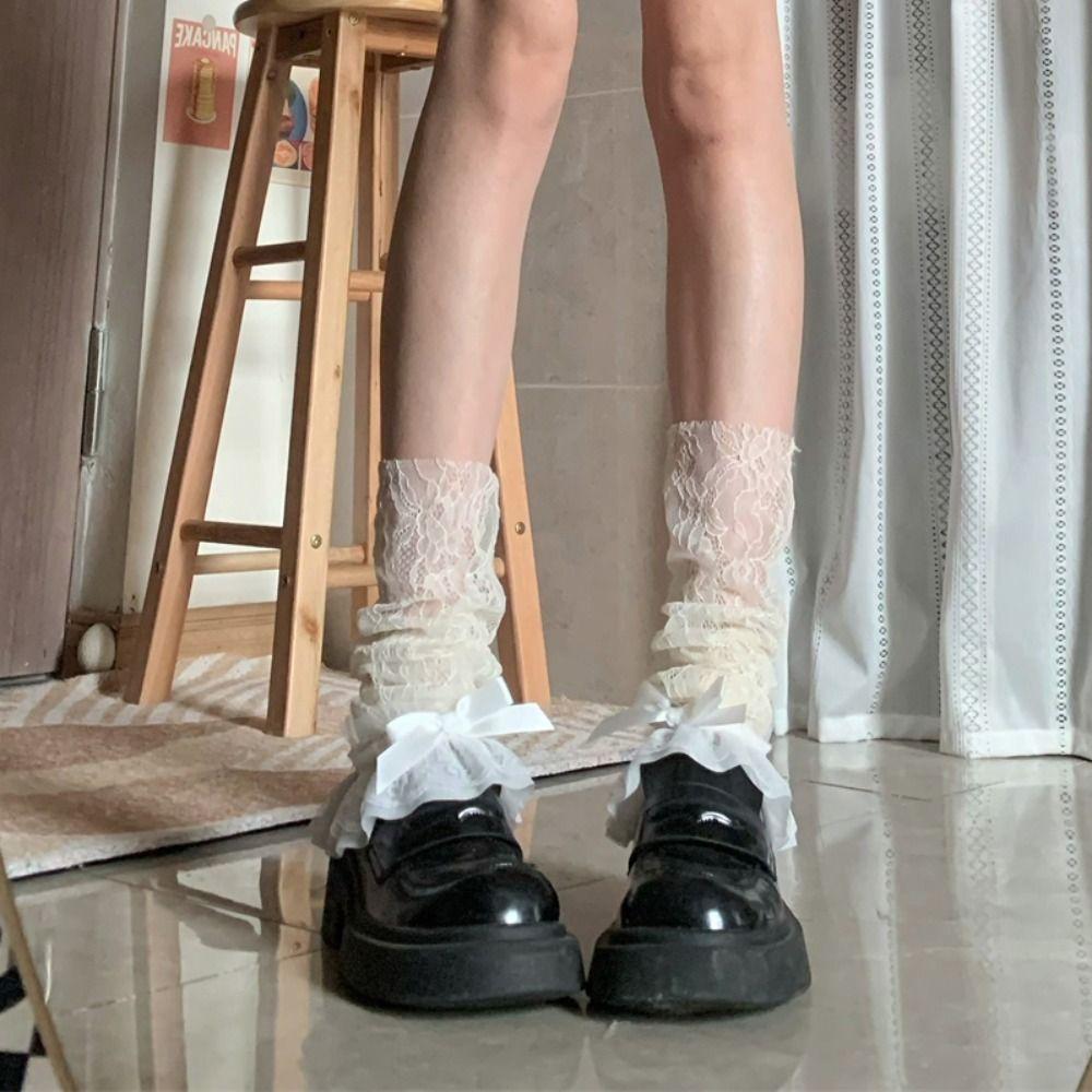 Bow Ruffle JK Calf Long Socks Mesh Mid-tube Stockings Fashion Lace Flower Stockings Women