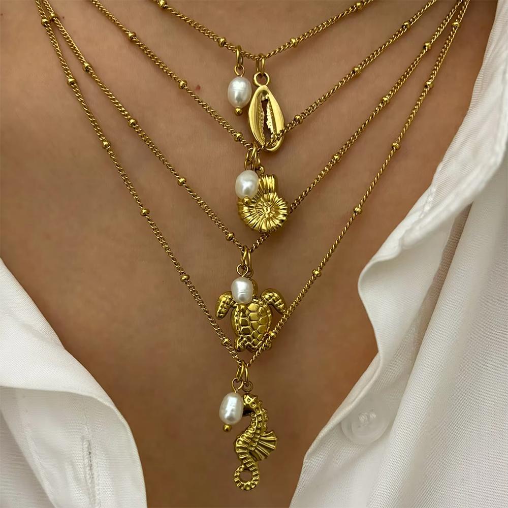 Ocean Necklace Stainless Steel Waterproof For Women Exquisite Gold Color Turtle Conch Seahorse Pearls Choker Clavicle Jewelry