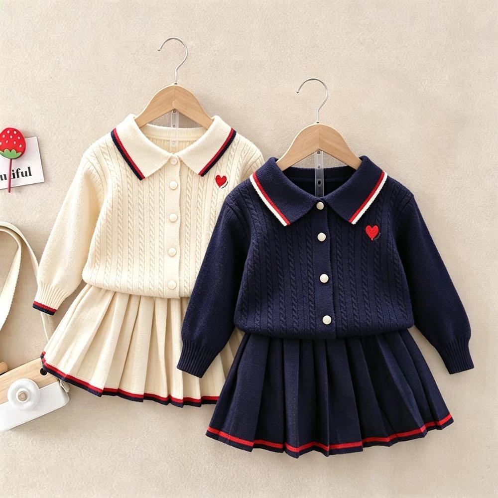 Toddler Girls 2Pcs Knit Outfit 2026 Autumn Winter Preppy Style Lapel Cable Knit Cardigan Pleated Skirt Set Baby Girl Heart Embroidery Clothes