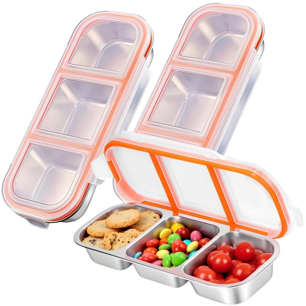 3Compartment Leak Proof Stainless Steel Snack Containers with Lid Small Food Lunch Box for Travel Picnic Camping