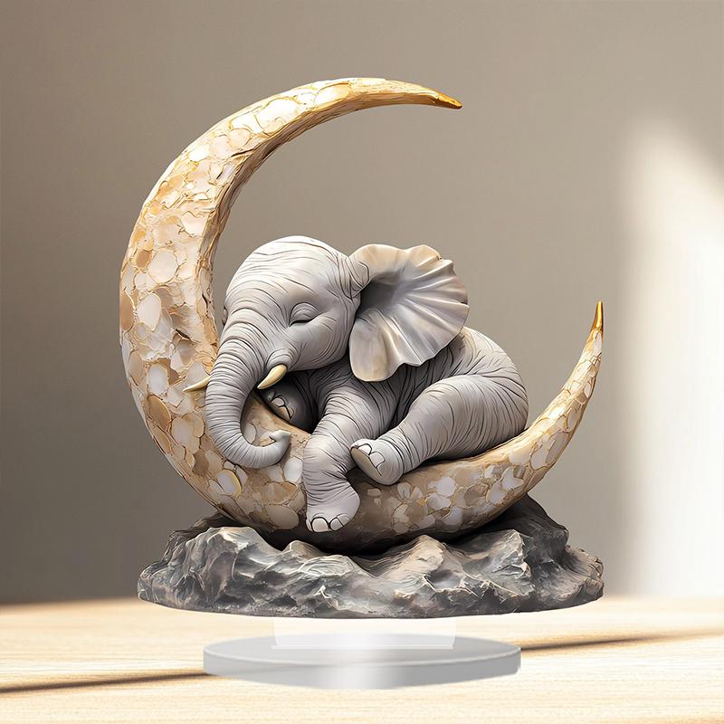 Acrylic Desk Ornament Of An Elephant Sleeping On The Moon For Home Decoration