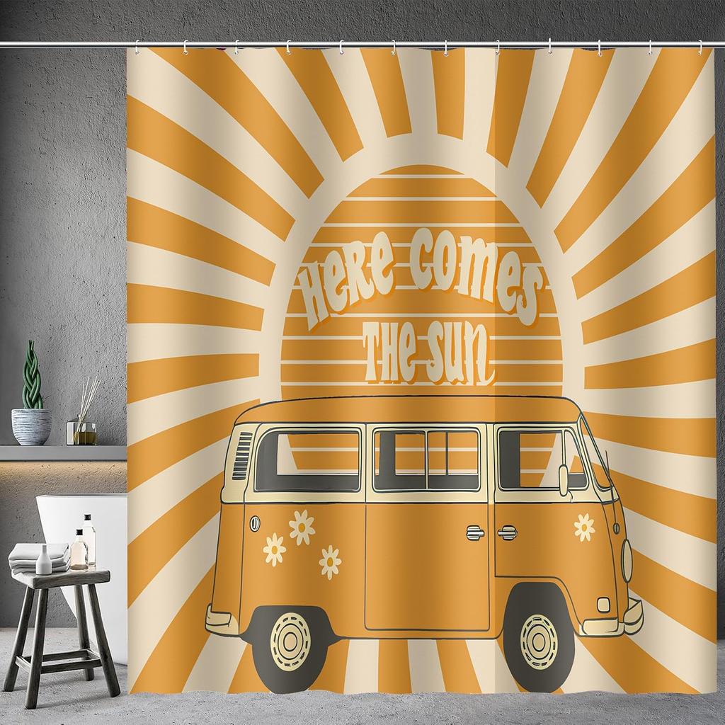 Here Comes The Sun Douchegordijn 72x72 Inch Boho Vintage Bloemen Bus Retro Hippie Oranje Zon Zonneschijn Omkeerbaar voor Thuis